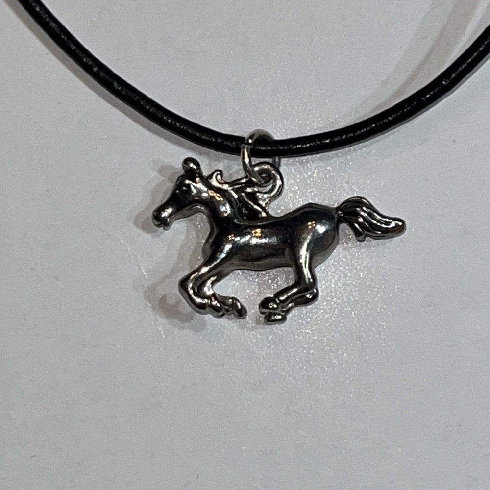 Silver horse on black leather cord rope necklace adj 16-18” NEW
